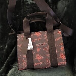 Ed Hardy Brown & Red Monogram Tote Satchel